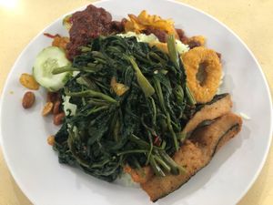 Nasi lemak with water spinach added  at Tanaka Vegetarian 巧田中素食 - Bukit Gombak in West Singapore