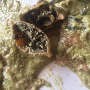 inside of ravioli: artichoke and spinach in basil pesto sauce.  at Herbivore - Mission District in San Francisco