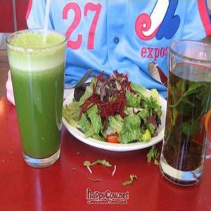 Large green juice, Arab Mint Tea, complimentary salad at Herbivore - Mission District in San Francisco