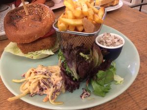Fish burger - with chips, homemade tartar sauce, salad and coleslaw at Ultimate Vegan Cafe in Lichfield