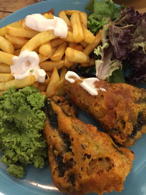 Tofu “fish” and chips. Looked far better than it tasted unfortunately:-(  at Ultimate Vegan Cafe in Lichfield