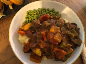 home made sausage casserole peas and mash at Ultimate Vegan Cafe in Lichfield