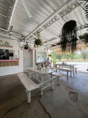 Outdoor seating at Surf Box in Playa Flamingo