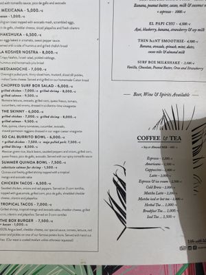 Menu at Surf Box in Playa Flamingo
