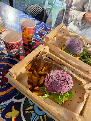 Vegan burgers with fries and edamame  at Flower Burger in Rimini