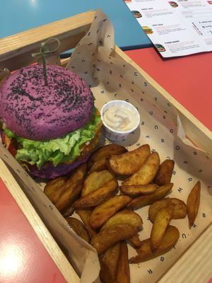 Cherry bomb and patates bravas at Flower Burger in Rimini