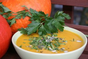 Vegan carrot and pumpkin soup from Ambrosia catering, Copenhagen at Ambrosia in Copenhagen