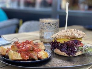 Vegan burger with patata bravas  at Volt in Geel