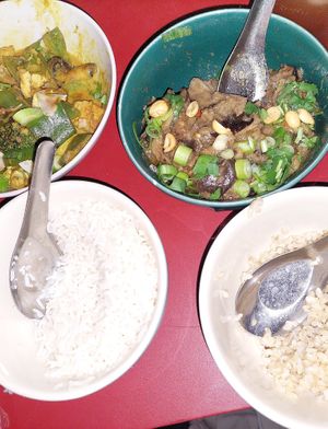 Left: tofu with vegetables and rice. Right: aubergine, peanut and spring onion with brown rice at Kate's Joint in Copenhagen