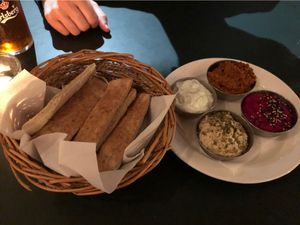 Great option for starters - variety of dips with pita bread at Kate's Joint in Copenhagen