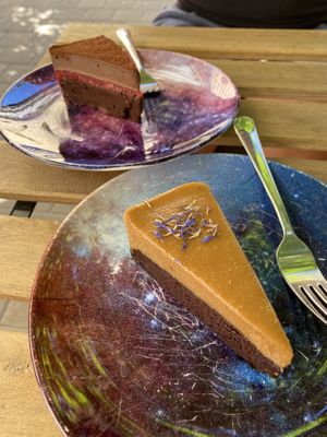 Brownie Caramel + Chocolate Raspberry Cake at Plantmilkyway in Budapest