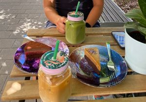 Brownie Caramel + Chocolate Raspberry Cake + Iced Matcha Latte + Iced Latte at Plantmilkyway in Budapest