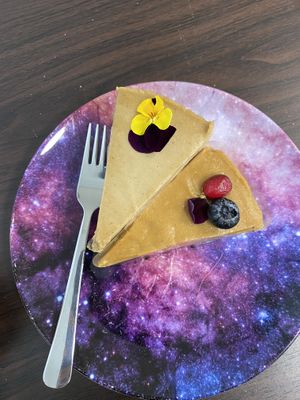 chai latte cheesecake & caramel brownie💝 at Plantmilkyway in Budapest