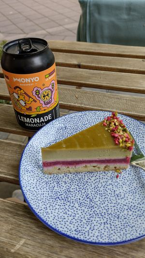 Pistache raspberry cake at Plantmilkyway in Budapest