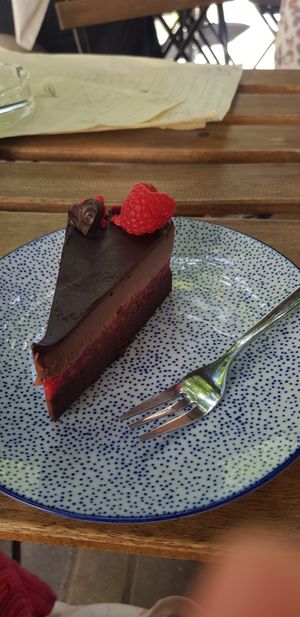 Chocolate raspberry cake at Plantmilkyway in Budapest