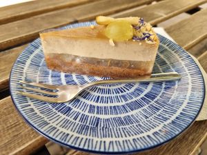 Pear - chai latte cake at Plantmilkyway in Budapest