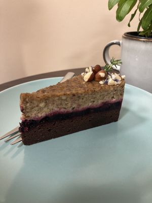 Hazlenut brownie with blackcurrant   at Plantmilkyway in Budapest