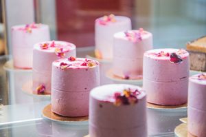 Raspberry mousse with rose jelly & pistachio sponge. at Plantmilkyway in Budapest