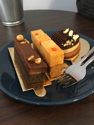 Brownie, carrot cake and cookie with peanut butter and ganache. at Plantmilkyway in Budapest