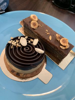 Brownie and a peanut butter mousse with ganache at Plantmilkyway in Budapest