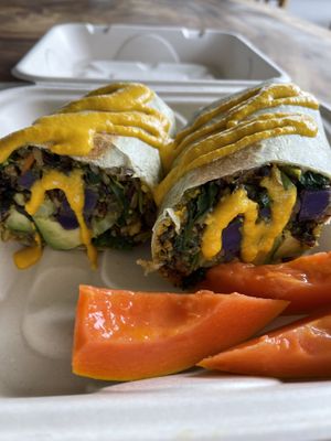 Burrito - full of healthy delicious veggies and black/wild rice. It’s bigger than it looks here, comes with soup, and will easily fill a hungry guy!   at Barefoot Zone in Captain Cook