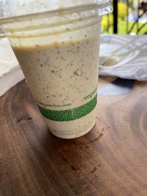 (Half drunk) Paradise Bliss smoothie with Real Lilikoi juice, pineapple, apple, banana and extra aloha!  at Barefoot Zone in Captain Cook