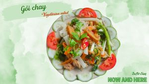 Lotus stem salad is a crisp and refreshing dish made with thinly sliced lotus stems, fresh herbs, and vegetables. It's dressed in a tangy sauce for a burst of flavor. at Dieu Thao in Da Lat