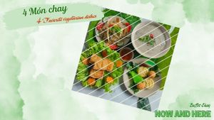 Buffet NOW and HERE offers a delightful selection of vegetarian dishes, including spring rolls, fried rice, soups, stir-fried noodles, grilled vegetables, salads, and fried tofu. at Dieu Thao in Da Lat