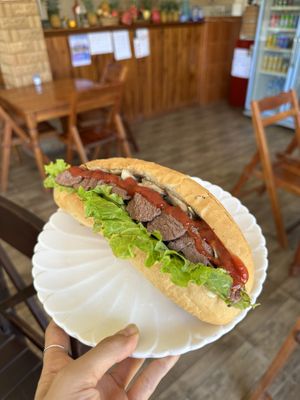 Mushroom and mock meat sandwich  at Kapphet Vegan in Vang Vieng