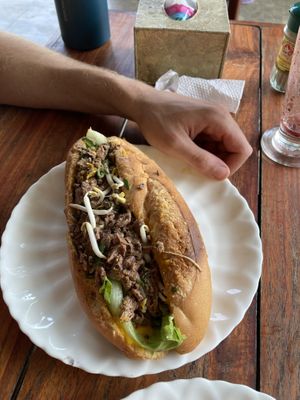 Larb sandwich with v meaty-esque soy protein   at Kapphet Vegan in Vang Vieng