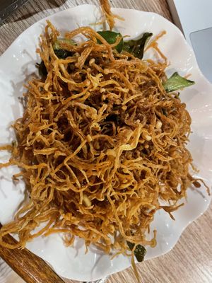 the crispy mushroom noodles.  I thought it would be noodles with mushrooms. It was not and was a little oily   at Kapphet Vegan in Vang Vieng