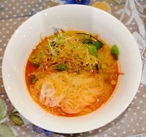 ມີກະທິ Lao noodle soup 
(coconut milk is part of the ingredient) at Kapphet Vegan in Vang Vieng