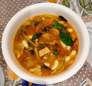 ຕົ້ມຍຳ Tom Yum Mixed 
Vegetable herbal soup that is rich in flavors,
Galangal, Cur lime leaf, lemon grass. at Kapphet Vegan in Vang Vieng