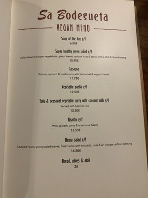 Seperate vegan dinner menu  at Sa Bodegueta in Mallorca