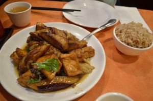 The super delicious eggplant basil dish, with brown rice at Enjoy Vegetarian Restaurant - Sunset District in San Francisco
