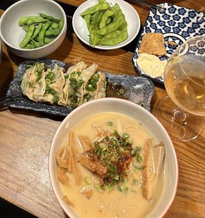 Vegan gyoza, (half-eaten) vegan kaarage, and vegan red ramen ❤️  at Taro's Ramen in Brisbane