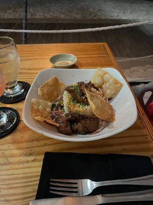 Crispy mock duck with veg and rice at Naru in Bridgetown