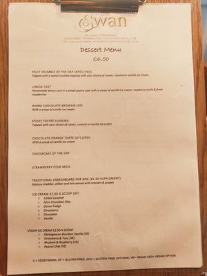 Dessert menu - accurate July 2021 at The Swan in Wotton-under-edge