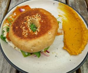 Vegan bagel. Loaded with lots of veg. Photo does not do it justice. at Gratitude in Tauranga