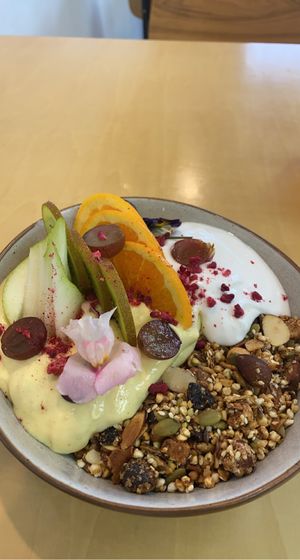 Mango granola with fruit and coconut yoghurt  at Gratitude in Tauranga