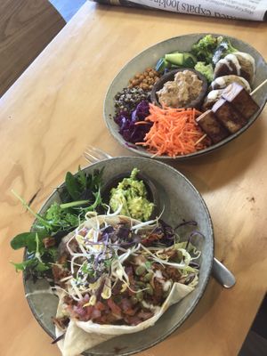 Pulled jackfruit tacos & a tofu/falafel bowl at Gratitude in Tauranga