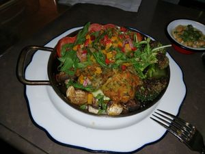 Vegan synia - mushrooms, zoccini, tomatoes, broccoli & vegtables petties at Cafe Alma in Tel Aviv