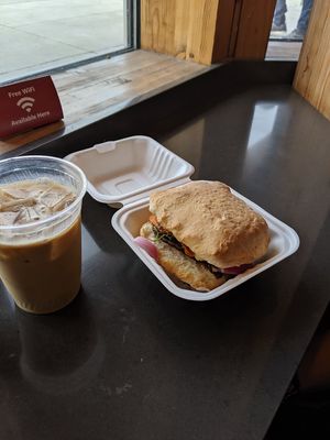 Field roast vegan biscuit sandwich and a hemp milk latte at Honest Biscuits in Seattle
