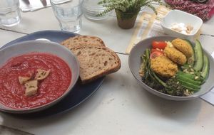 A very tasty vegan Beetroot and tomato soup and their salad bowl meal option. at Fika in Oakham