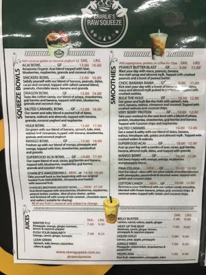 Menu  at Charlie's Raw Squeeze in Wynnum