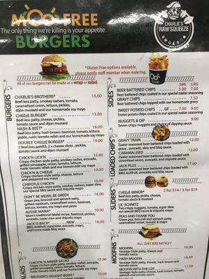 Menu  at Charlie's Raw Squeeze in Wynnum