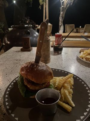 For tea we had the vegan burger and steak that came with chips and pepper corn sauce. 10/10   at Secret Penida in Penida Island