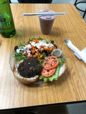 Arnie Burger and Berry Smoothie with coconut ice cream   at The Whole Wheatery in Lancaster