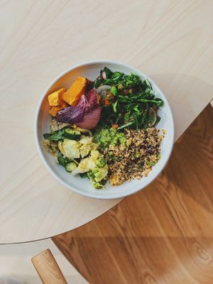 Mediterranean salad bowl with chilli zhug dressing  at Colours Bowls in Prahran