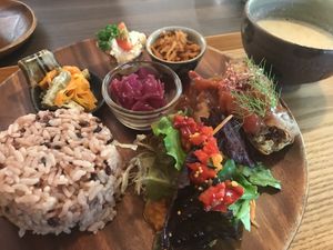 Vegan dish with black rice.  at Cafe 7 Winds in Yomitan